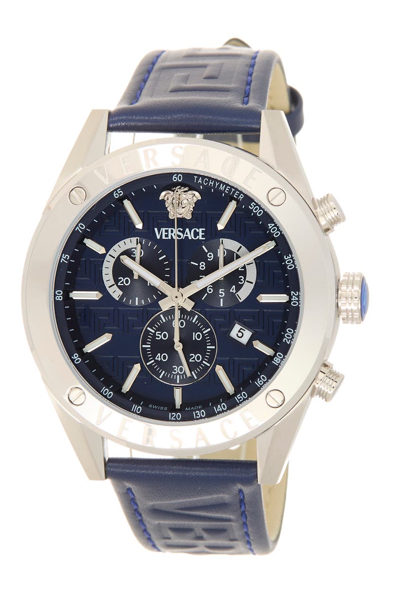 Athletic Chrono Leather Strap Watch, 44mm, Main, color, STAINLESS STEEL/ BLUE