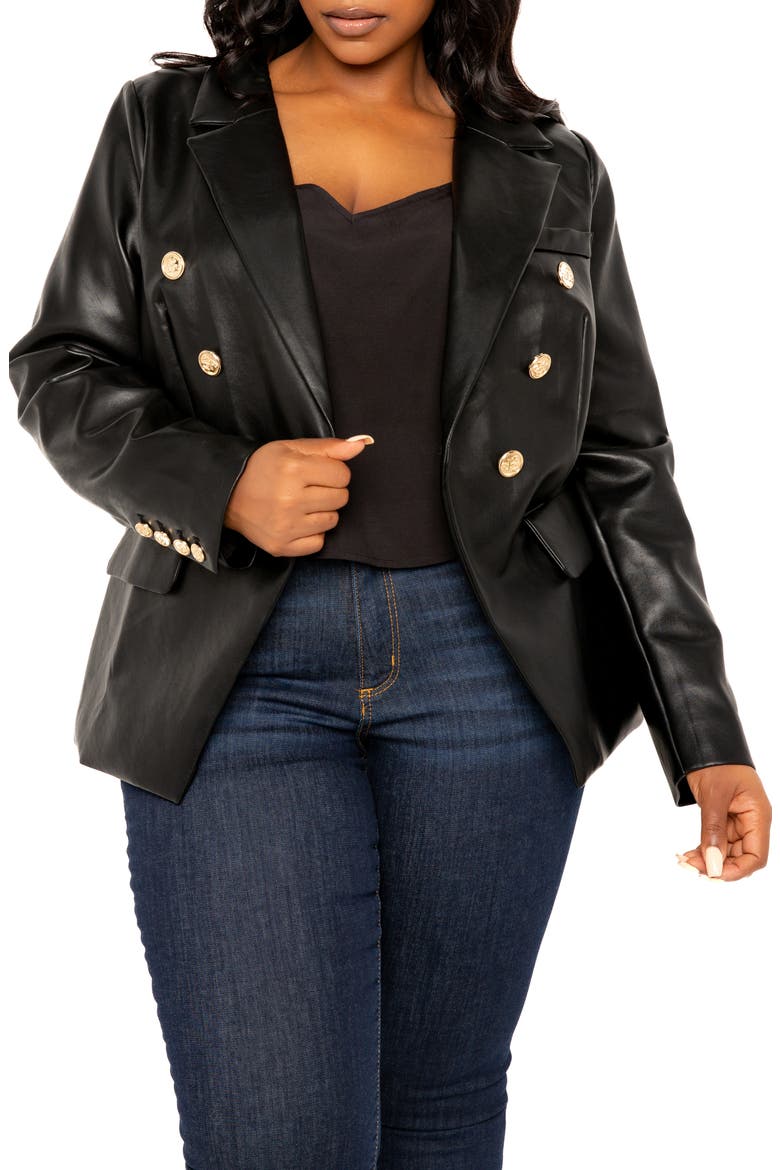 Faux Leather Double Breasted Blazer, Main, color, BLACK
