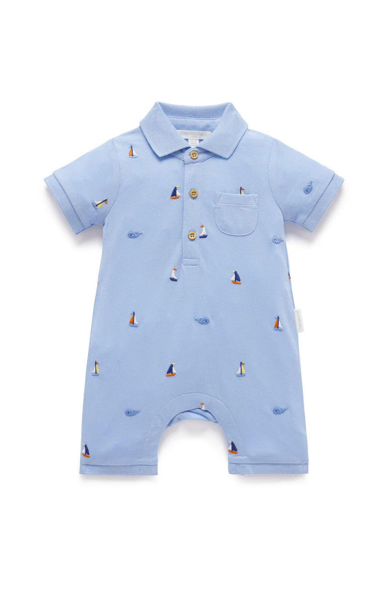 Purebaby Embroidered Polo Romper, Main, color, Yacht Broderie