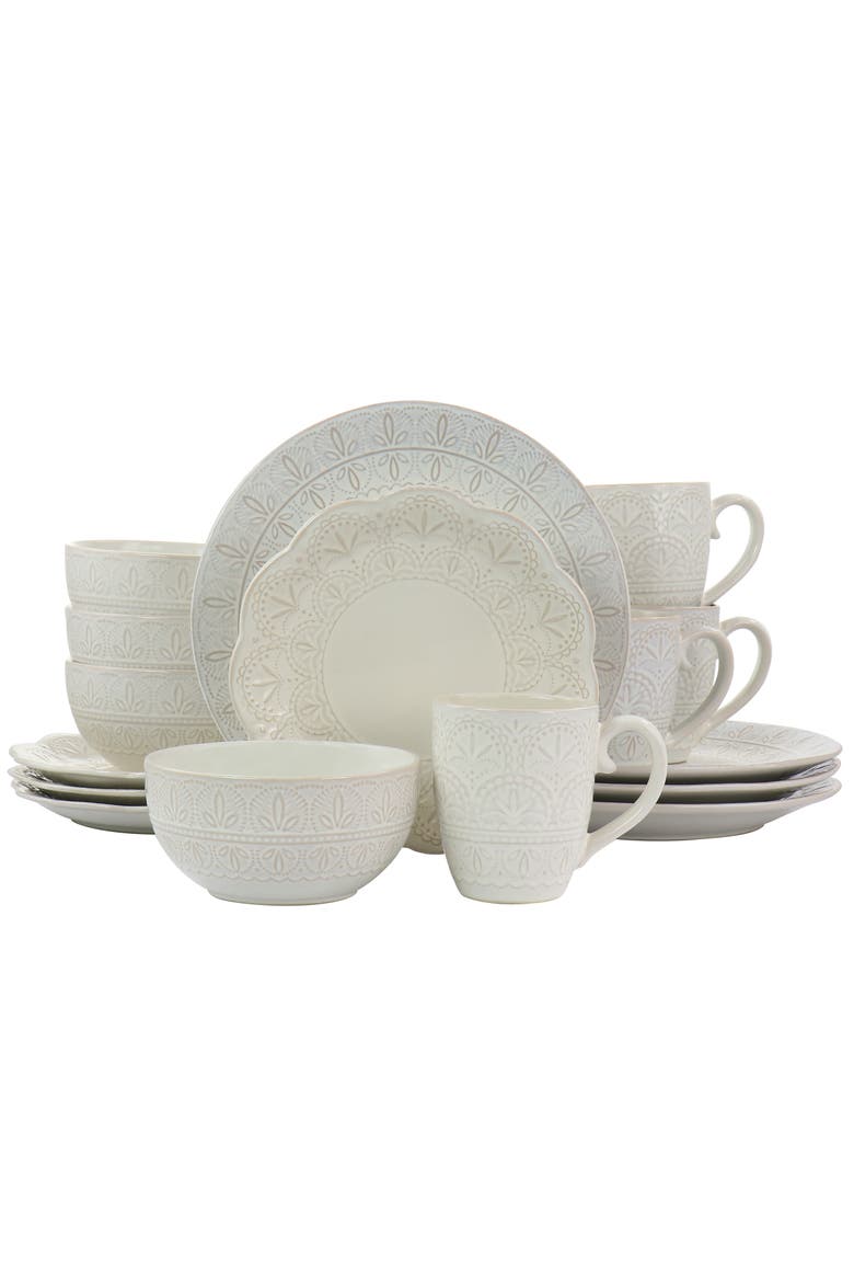 White Lace 16 Piece Stoneware Dinnerware Set, Main, color, White