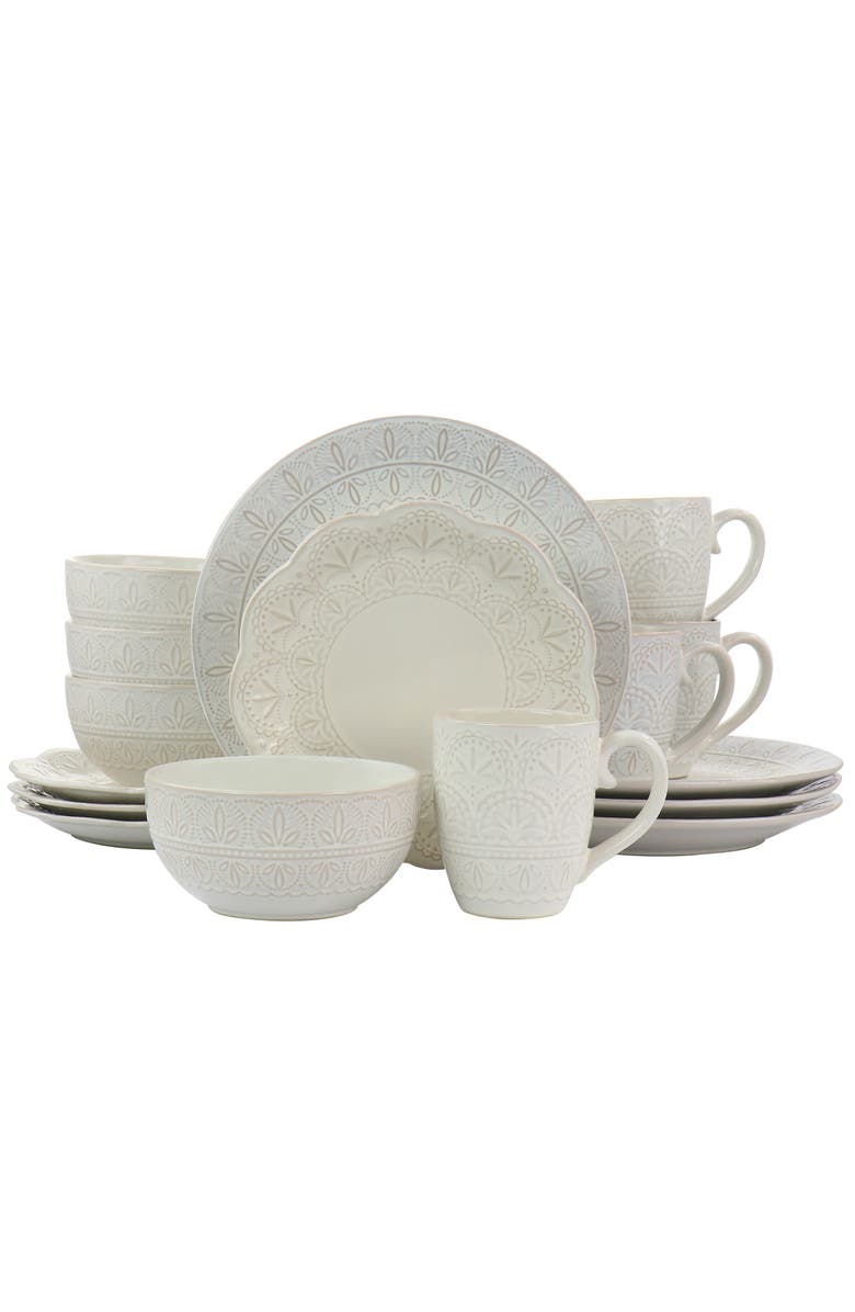 Elama White Lace 16 Piece Luxurious Stoneware Dinnerware with Complete Setting for 4, Main, color, White