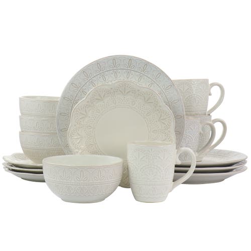 Elama White Lace 16 Piece Luxurious Stoneware Dinnerware With Complete Setting For 4 In White