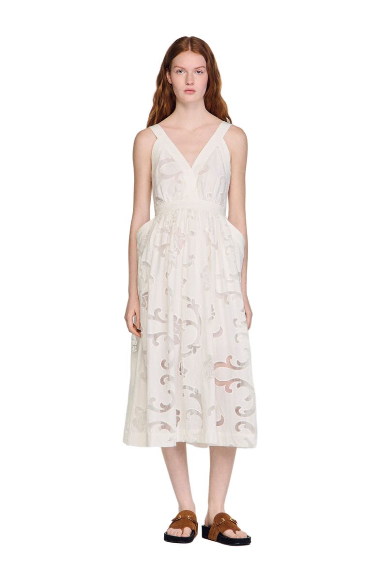 SANDRO Openwork floral cotton maxi dress, Main, color, Ecru