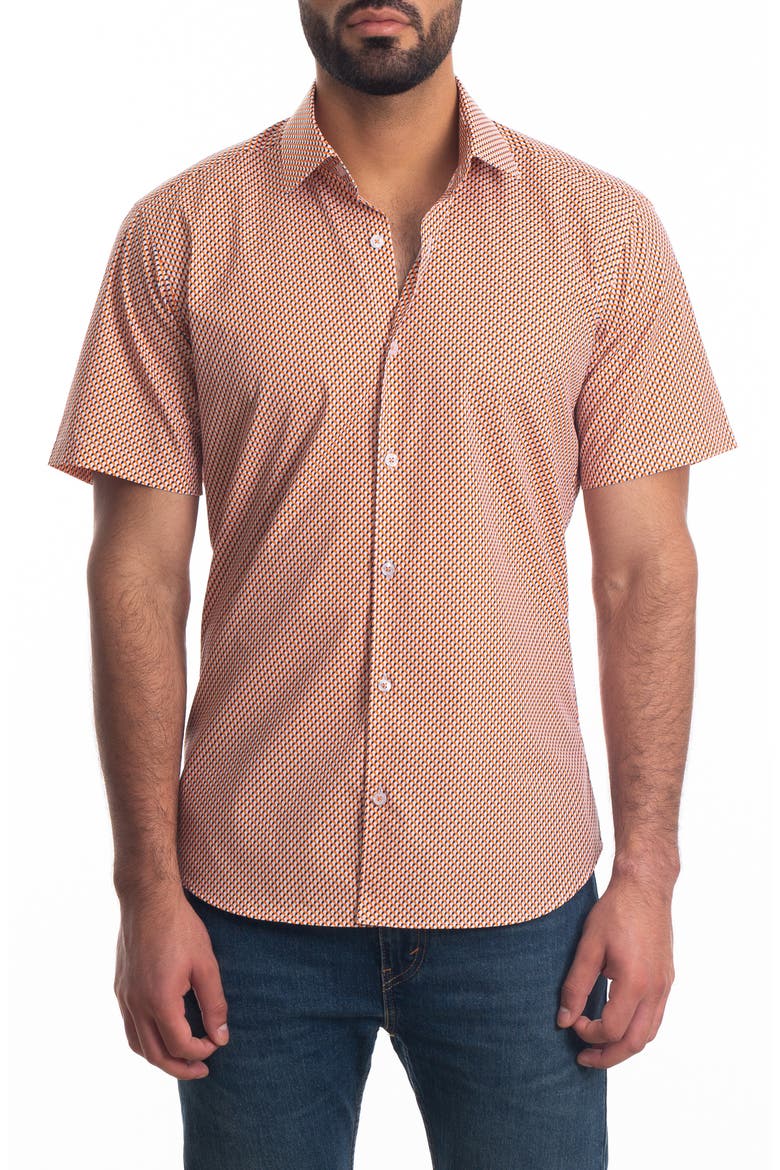 Trim Fit Short Sleeve Cotton Button-Up Shirt, Main, color, WHITE - ORANGE