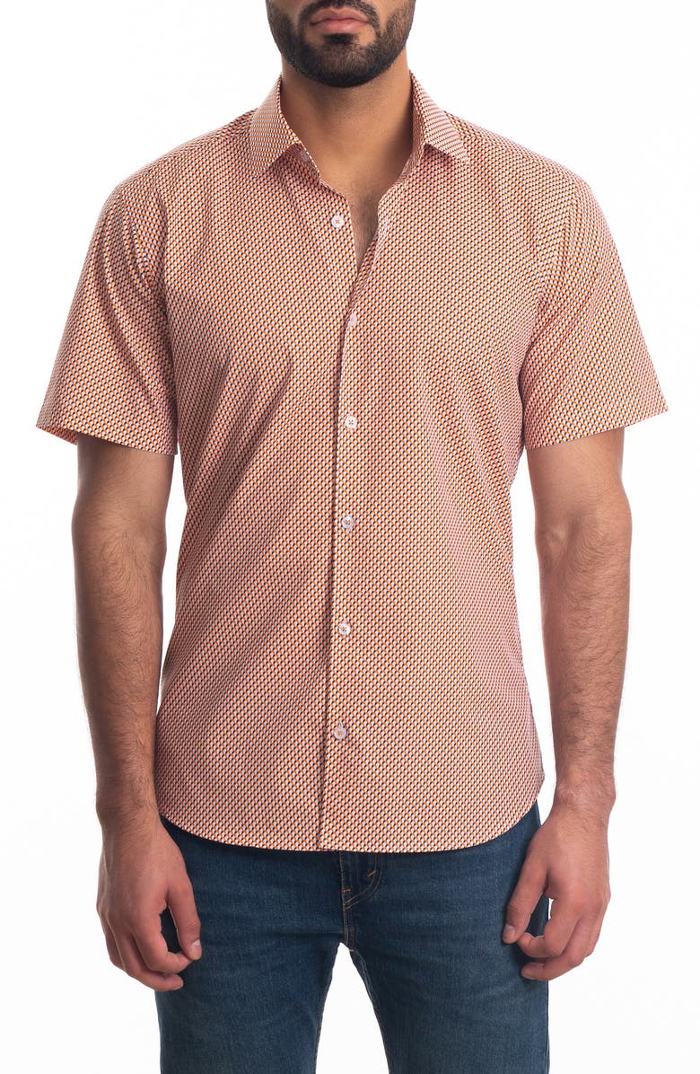Jared Lang Trim Fit Short Sleeve Cotton Button-Up Shirt, Main, color, White - Orange