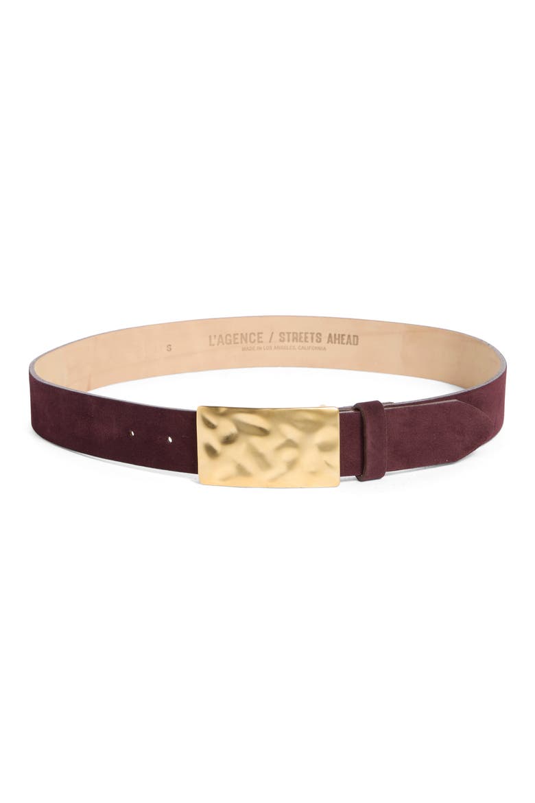 Hammered Buckle Suede Belt, Main, color, BURGUNDY