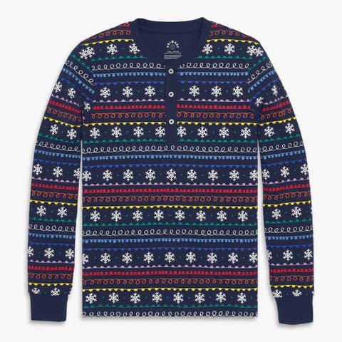 Adult Organic Long Sleeve Henley Pj Top In Holiday Prints (Unisex Fit)
