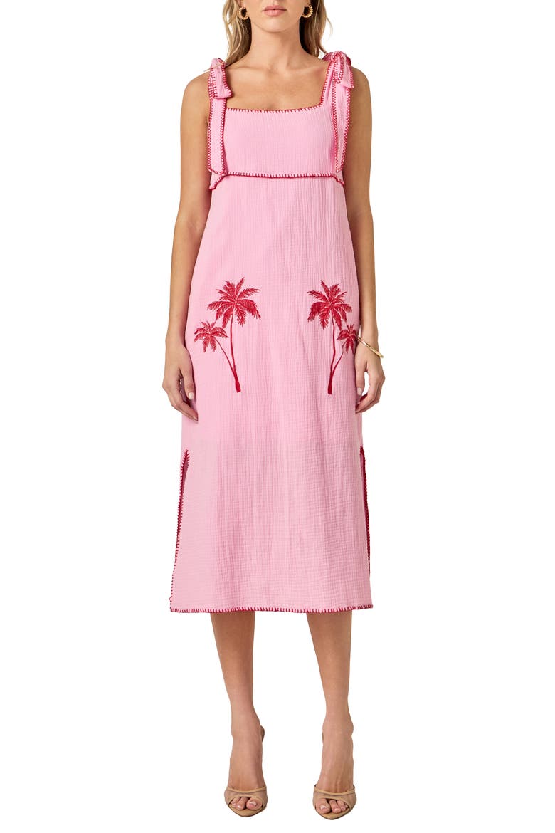 Tropical Embroidery Midi Dress, Main, color, PINK/ RED