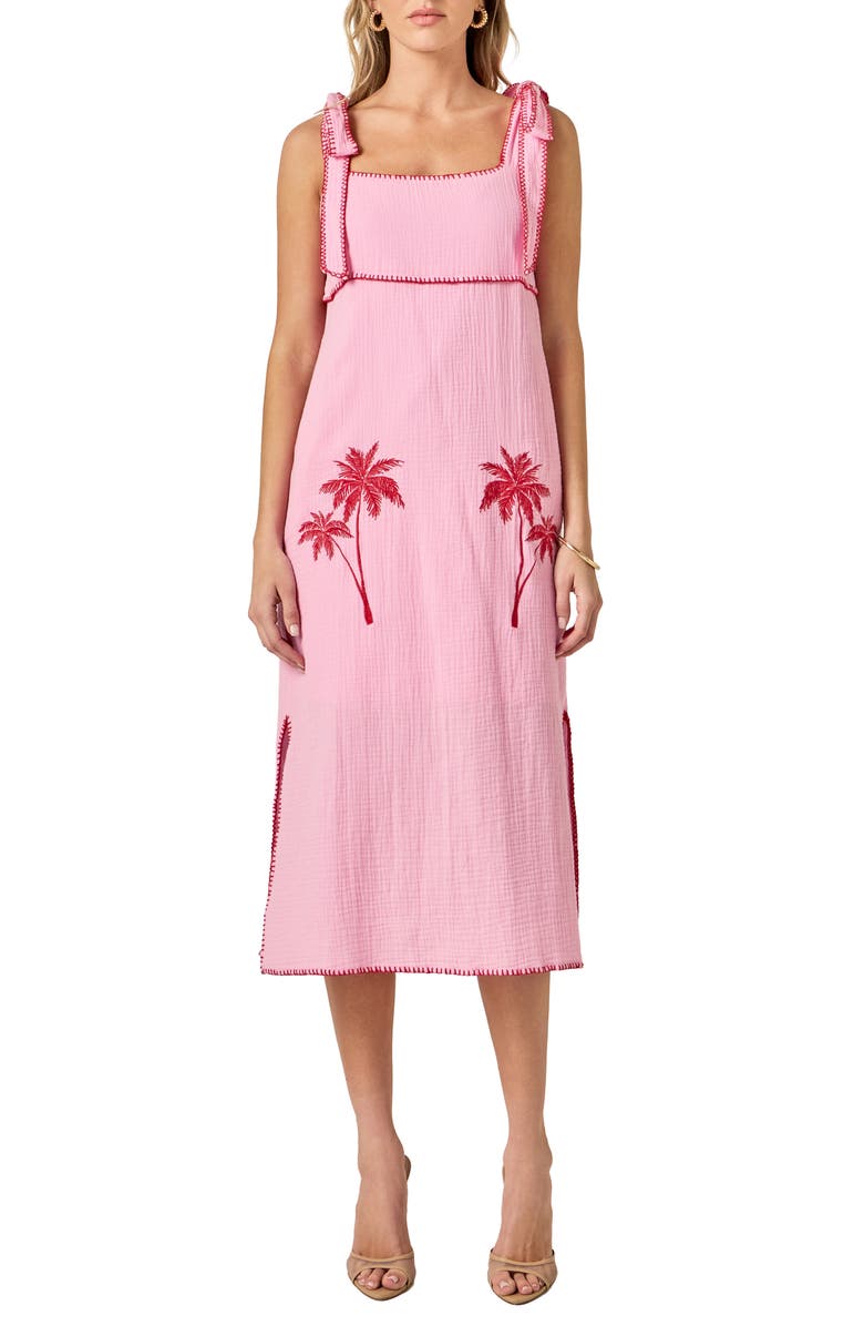 English Factory Tropical Embroidery Midi Dress, Main, color, Pink/ Red