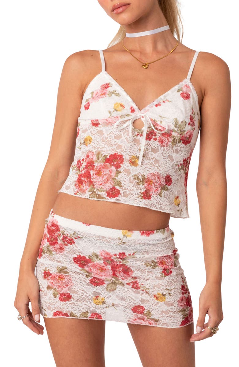 EDIKTED Portofino Floral Sheer Lace Crop Camisole, Main, color, White Multi