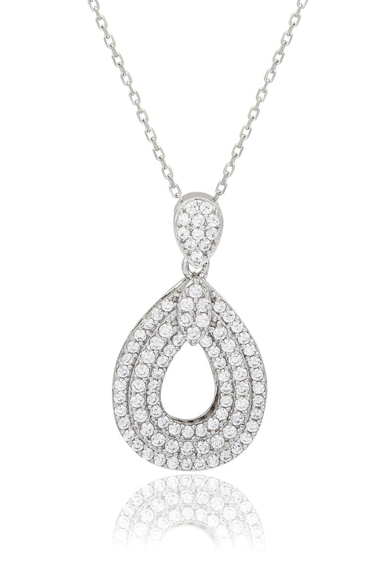 Sterling Silver Pavé Cubic Zirconia Teardrop Pendant Necklace, Main, color, WHITE