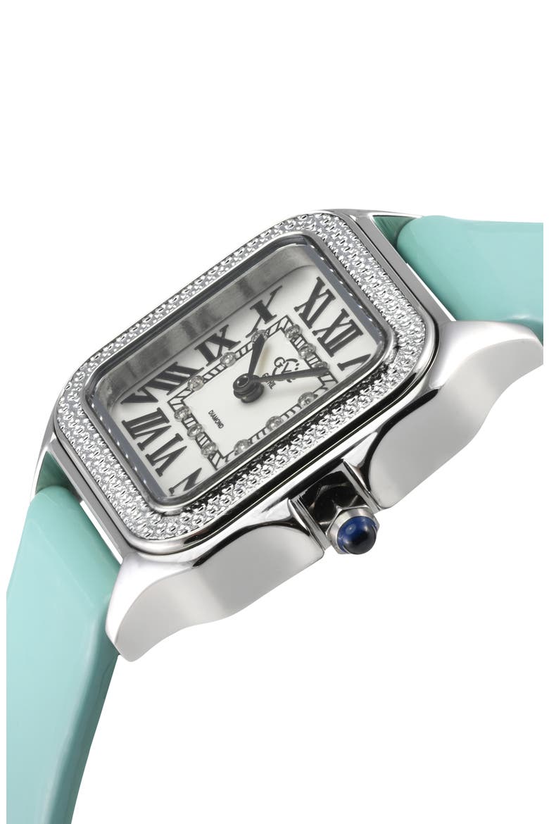 Milan Diamond Embellished Leather Strap Watch, 27.5mm - 0.06ctw, Alternate, color, TURQUOISE