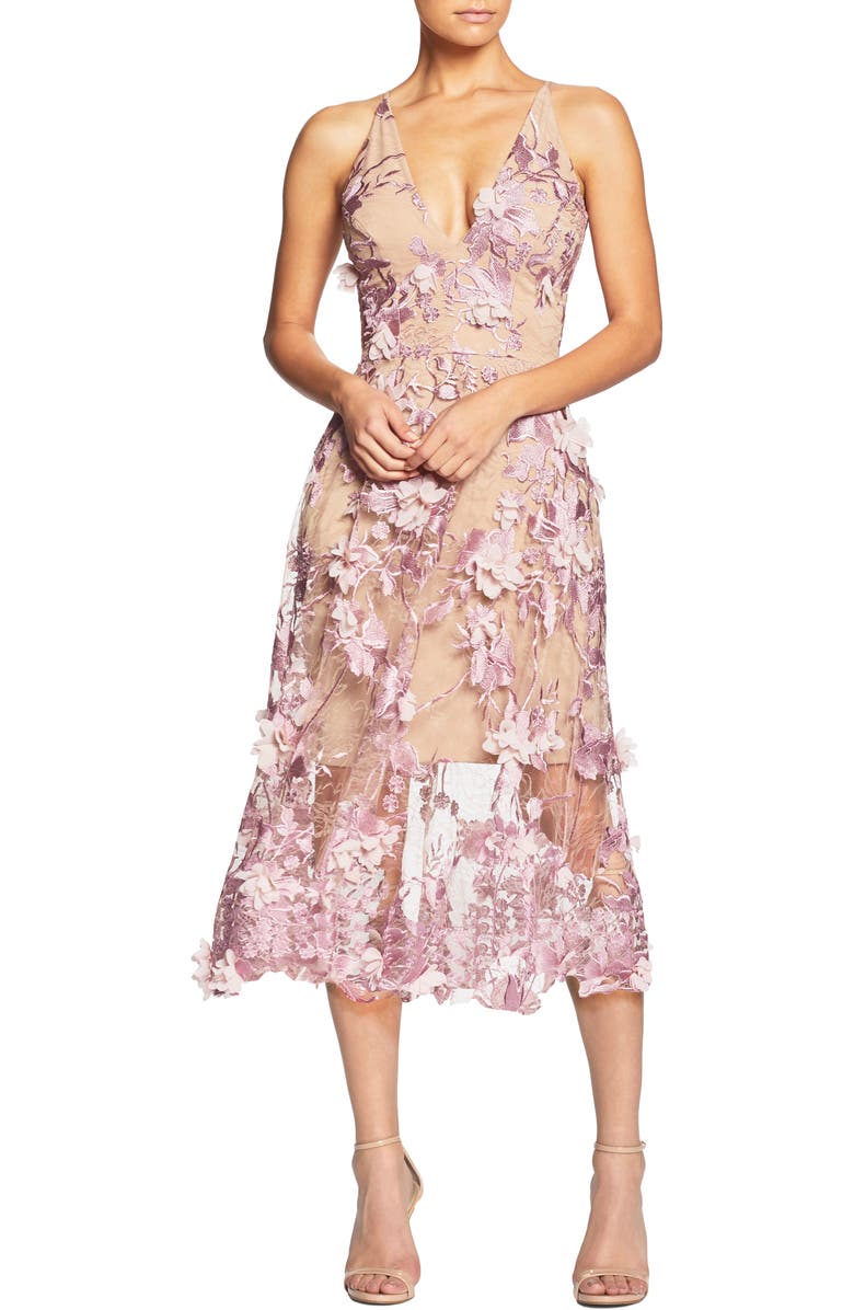 Dress the Population Audrey Embroidered Fit & Flare Dress, Main, color, Lilac/Nude
