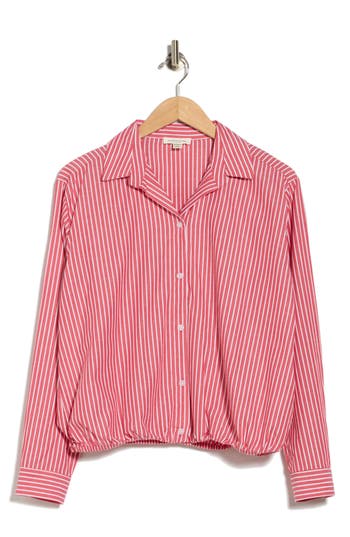 Beachlunchlounge Marin Stripe Cotton Crop Bubble Hem Shirt In Currant Red