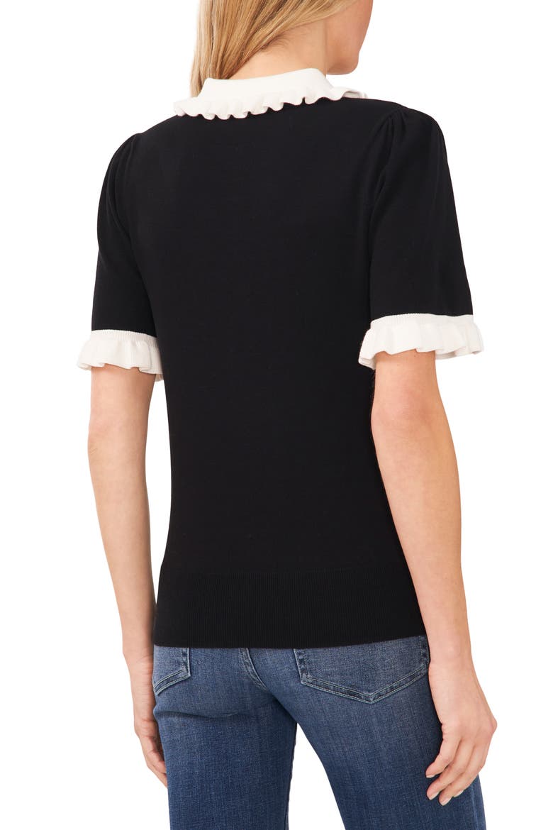 Contrast Trim Short Sleeve Polo Sweater, Alternate, color, RICH BLACK