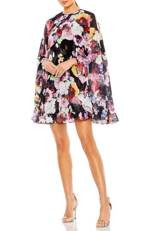 Floral High Neck Mini Dress with Cape Overlay and Ruffle Hem