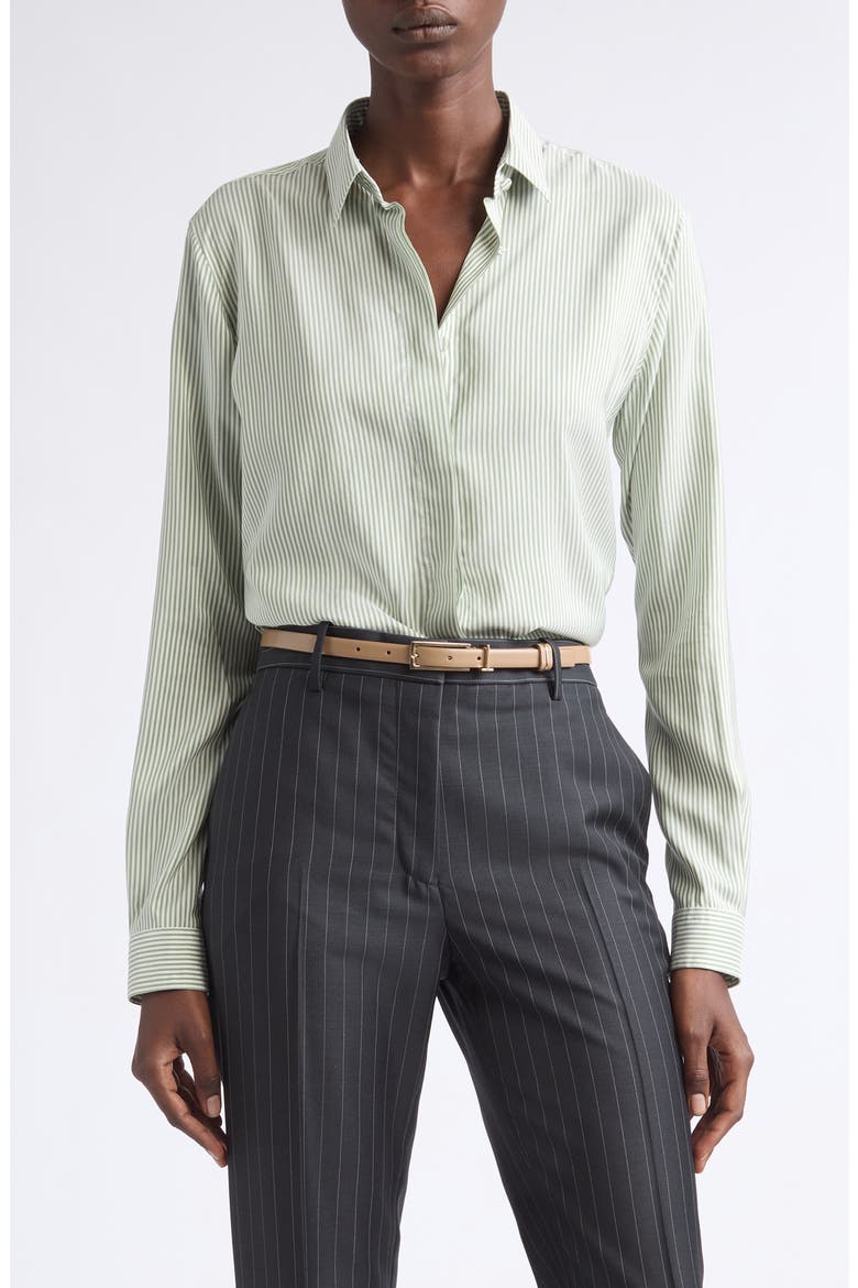 Stripe Silk Button-Up Shirt, Main, color, GREEN/ OFF WHITE