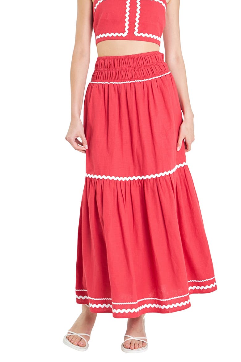Rickrack Linen Blend Maxi Skirt, Alternate, color, RED