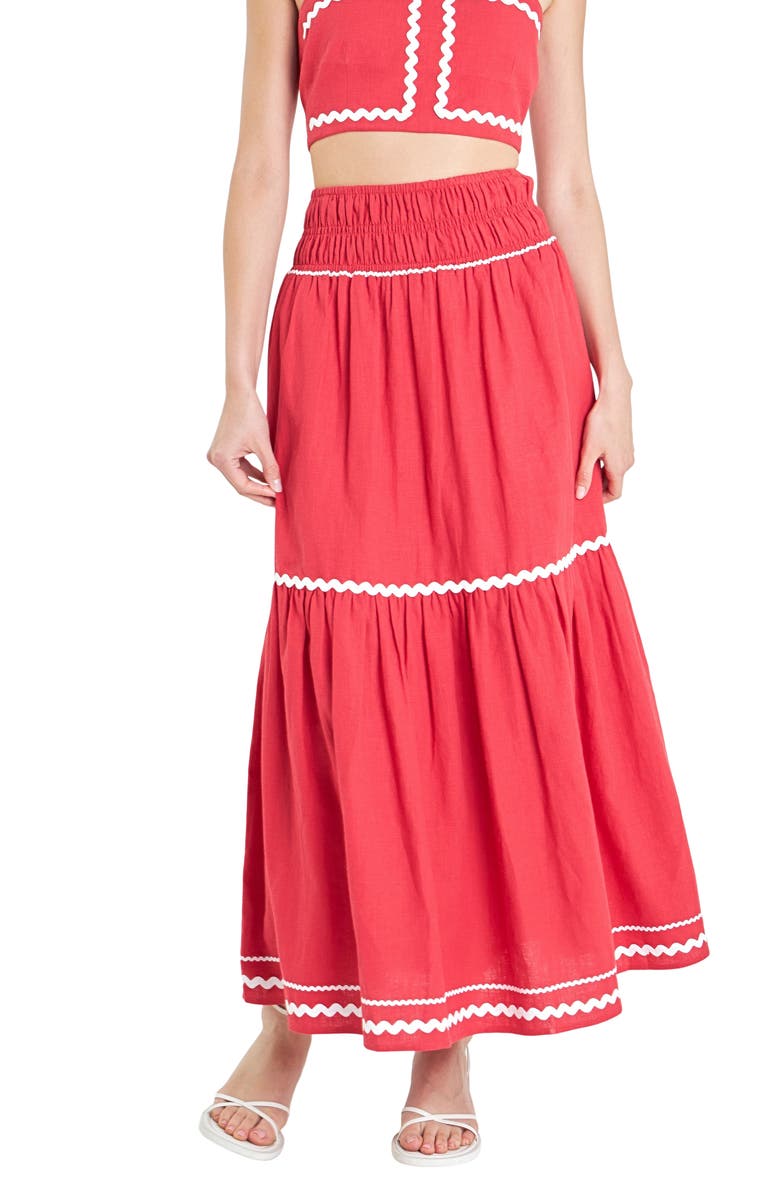 English Factory Rickrack Linen Blend Maxi Skirt, Alternate, color, Red