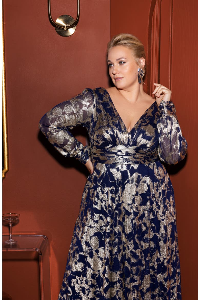 Long Sleeve Foil Print A-Line Gown, Alternate, color, NAVY/ GOLD