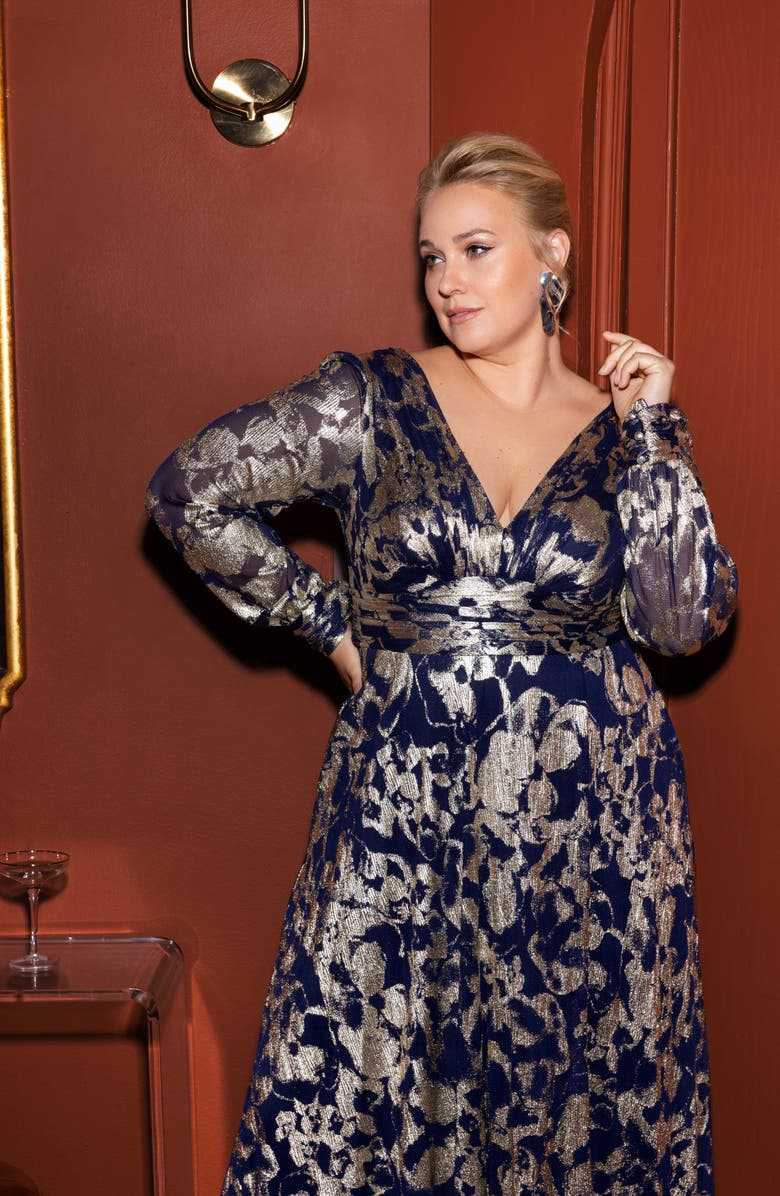 Betsy & Adam Long Sleeve Foil Print A-Line Gown, Alternate, color, Navy/ Gold