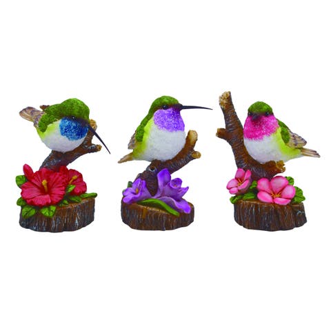 Multicolor Resin Hummingbird Flower Figurine Set of 3 - Spring Decorative Objects for Indoor Tabletop, 5in Tall
