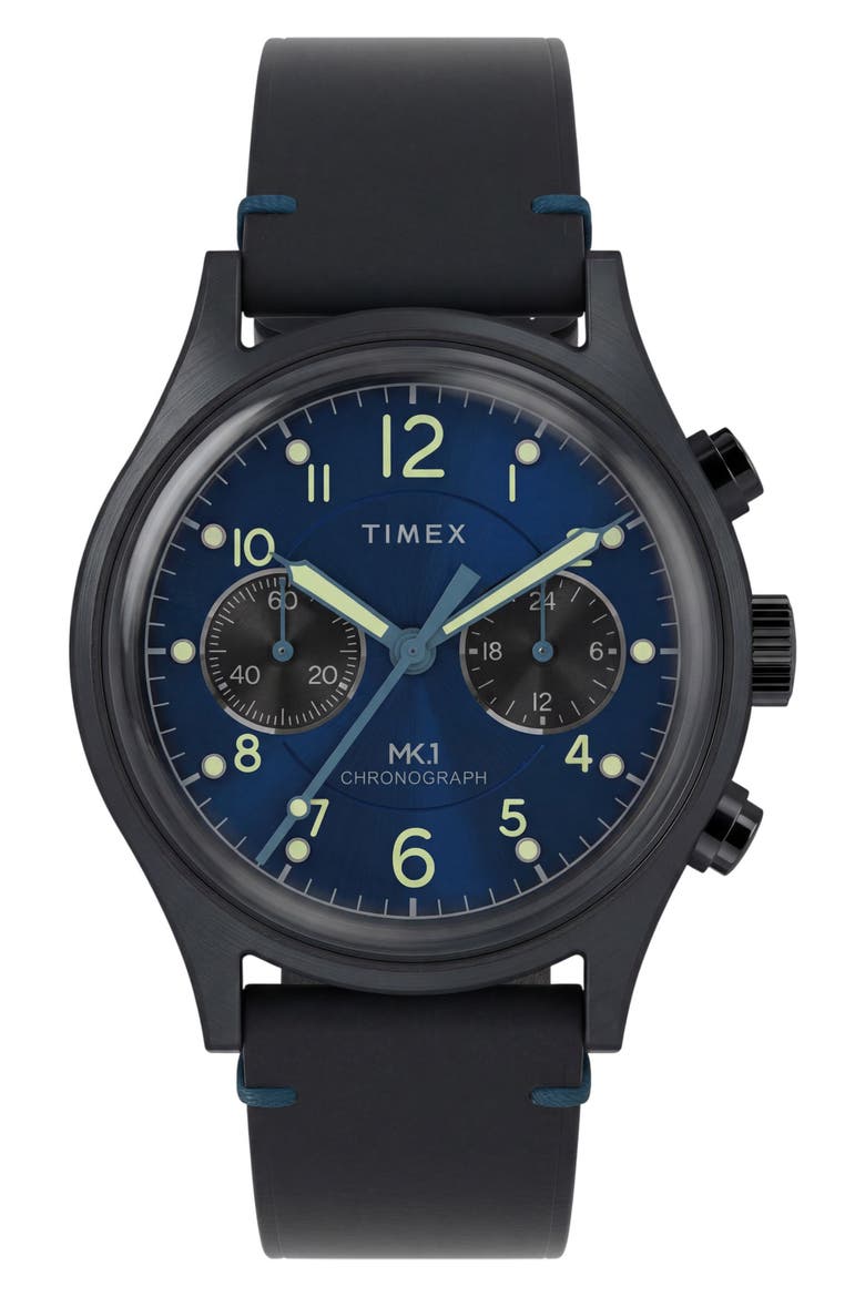 MK1 Chronograph Leather Strap Watch, 40mm, Main, color, BLACK/ BLUE
