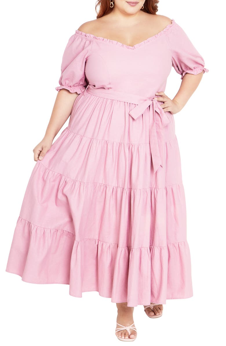 City Chic Puff Sleeve Tie Belt Midi Dress, Main, color, Blush