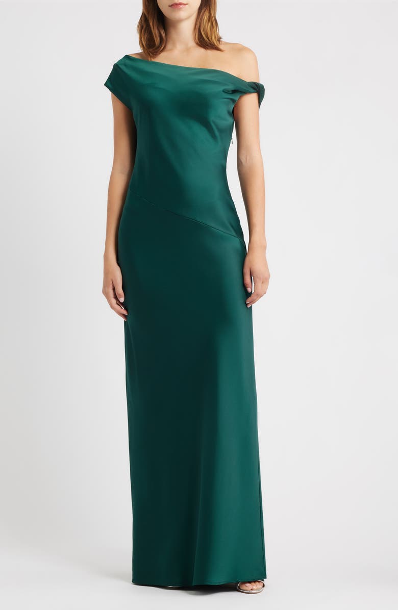 WAYF Colleen One-Shoulder Drape Satin Gown, Main, color, Emerald