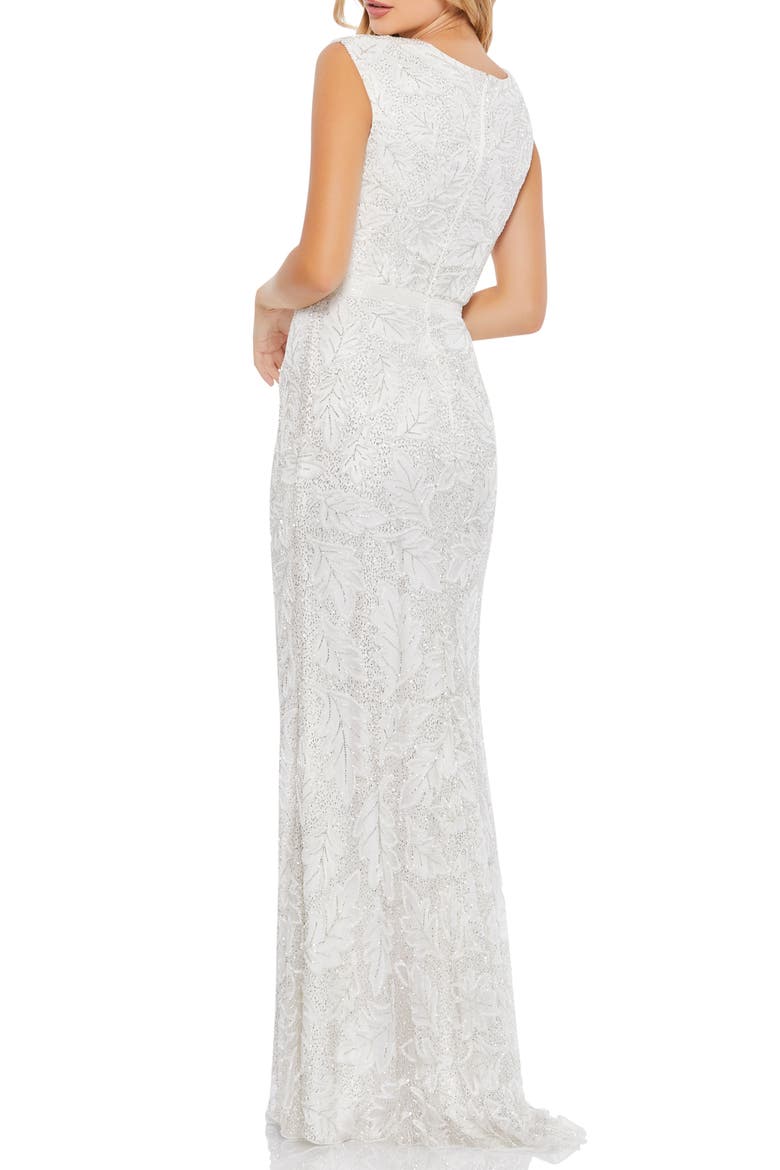Leaf Beaded Illusion Plunge Neck Gown, Alternate, color, WHITE