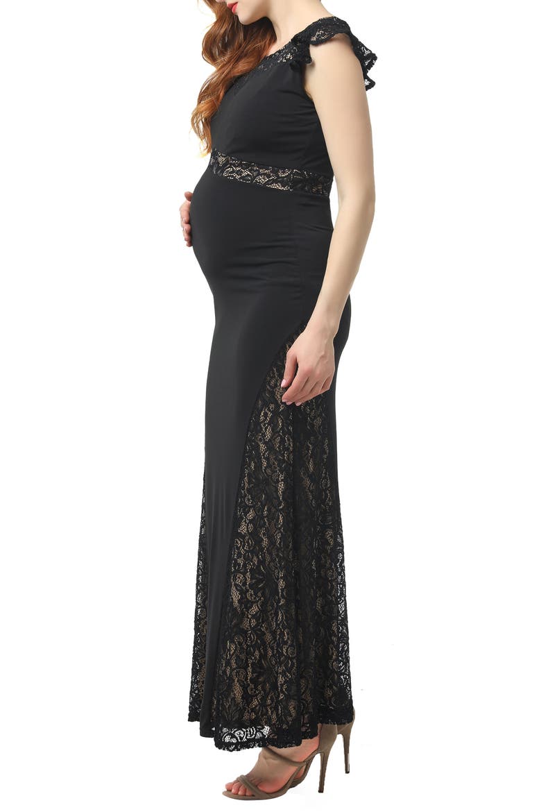 Audrey Lace Trim Maternity Gown, Alternate, color, BLACK