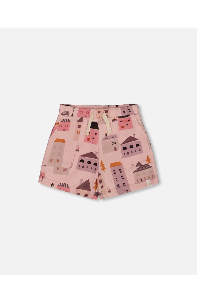 Deux par Deux Girl's Printed French Terry Short Pink And Coral Houses, Main, color, Pink And Coral Houses
