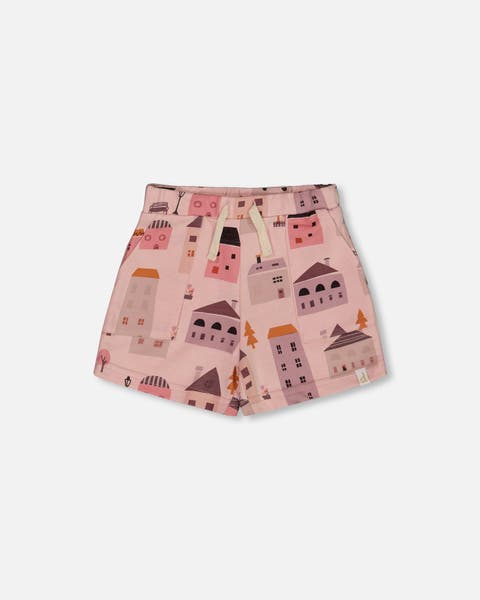Girl's Printed French Terry Short Pink And Coral Houses