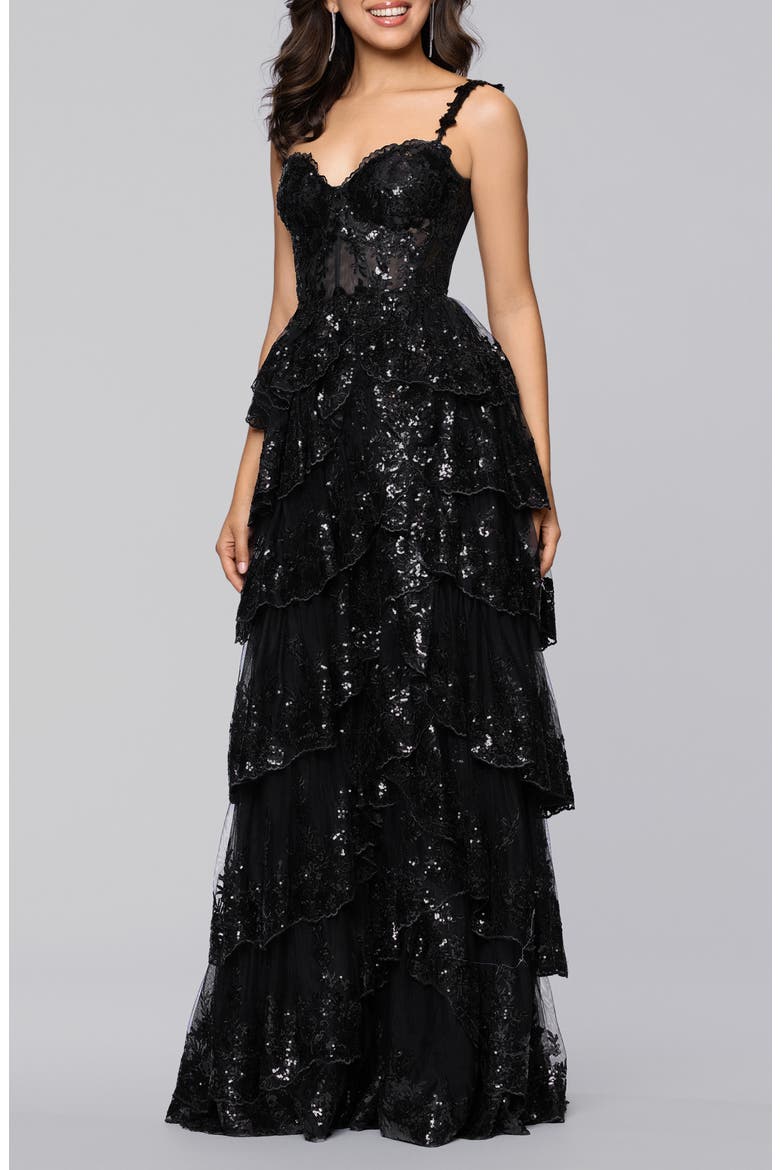 Sequin Layered Ruffle Ballgown, Alternate, color, BLACK