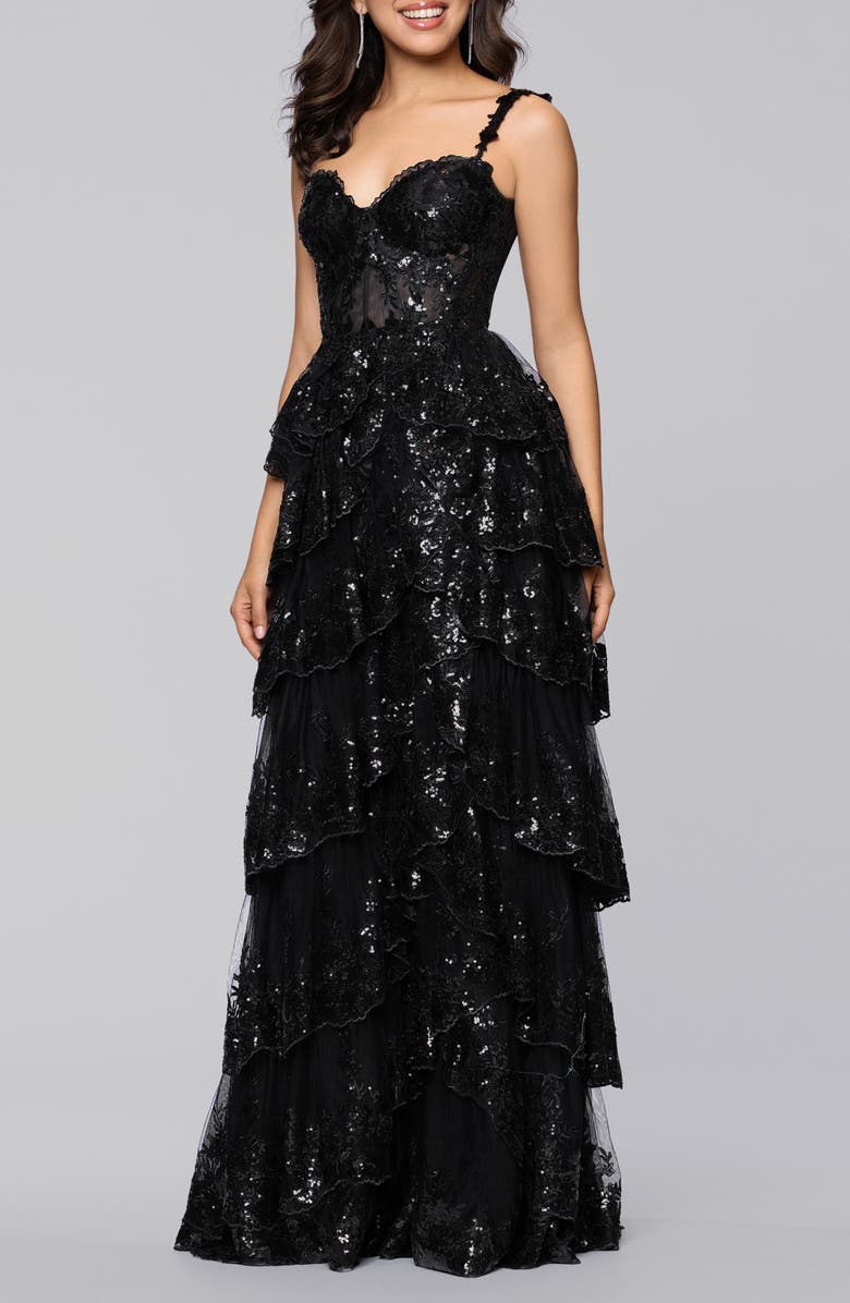 Blondie Nites Sequin Layered Ruffle Ballgown, Alternate, color, Black