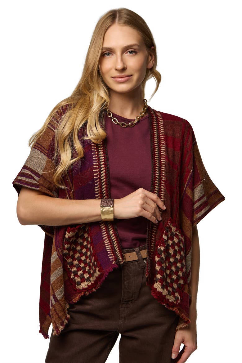 Plaid Topper, Alternate, color, BEIGE/BURGUNDY