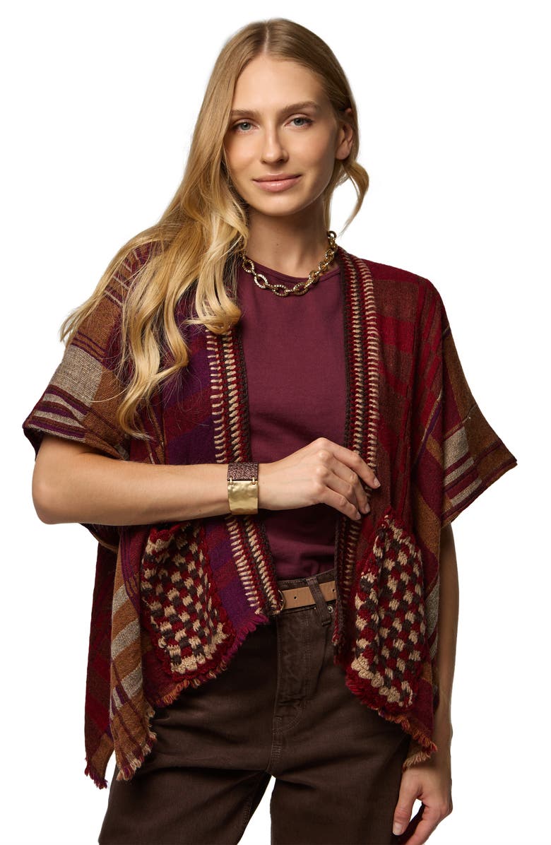 SAACHI Plaid Topper, Alternate, color, Beige/Burgundy