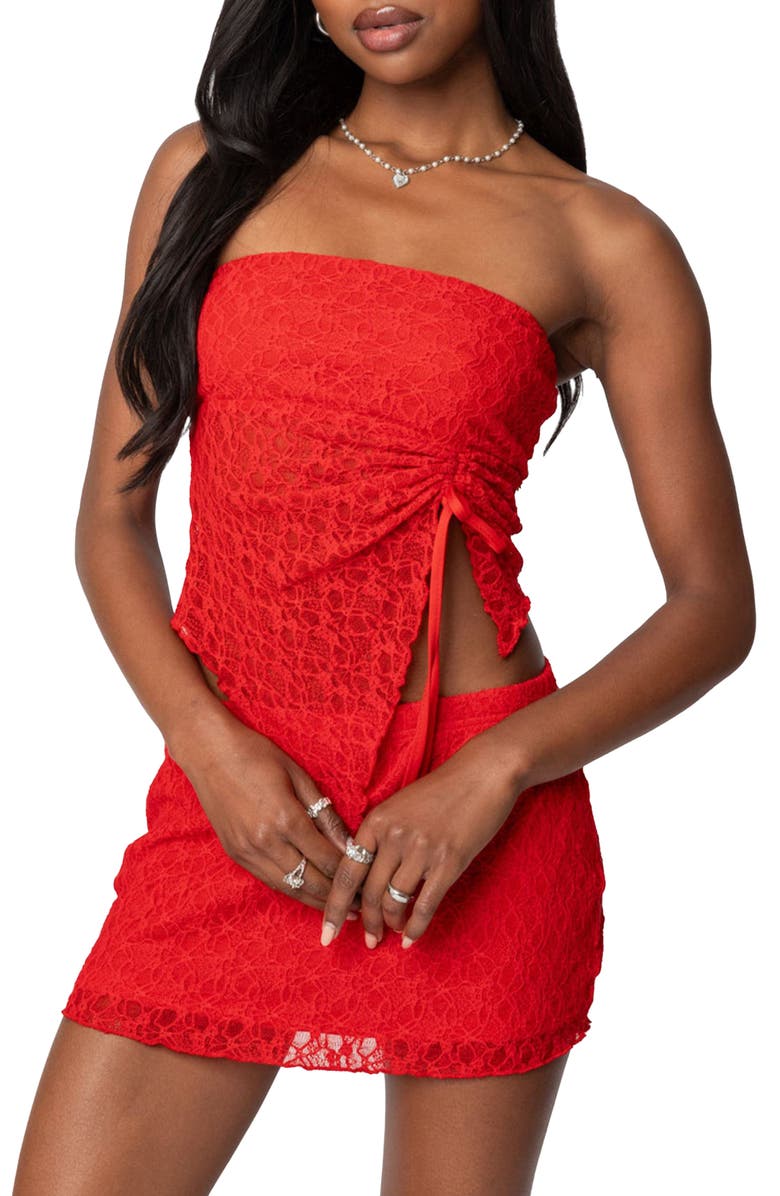 EDIKTED Amara Strapless Lace Top, Main, color, Red