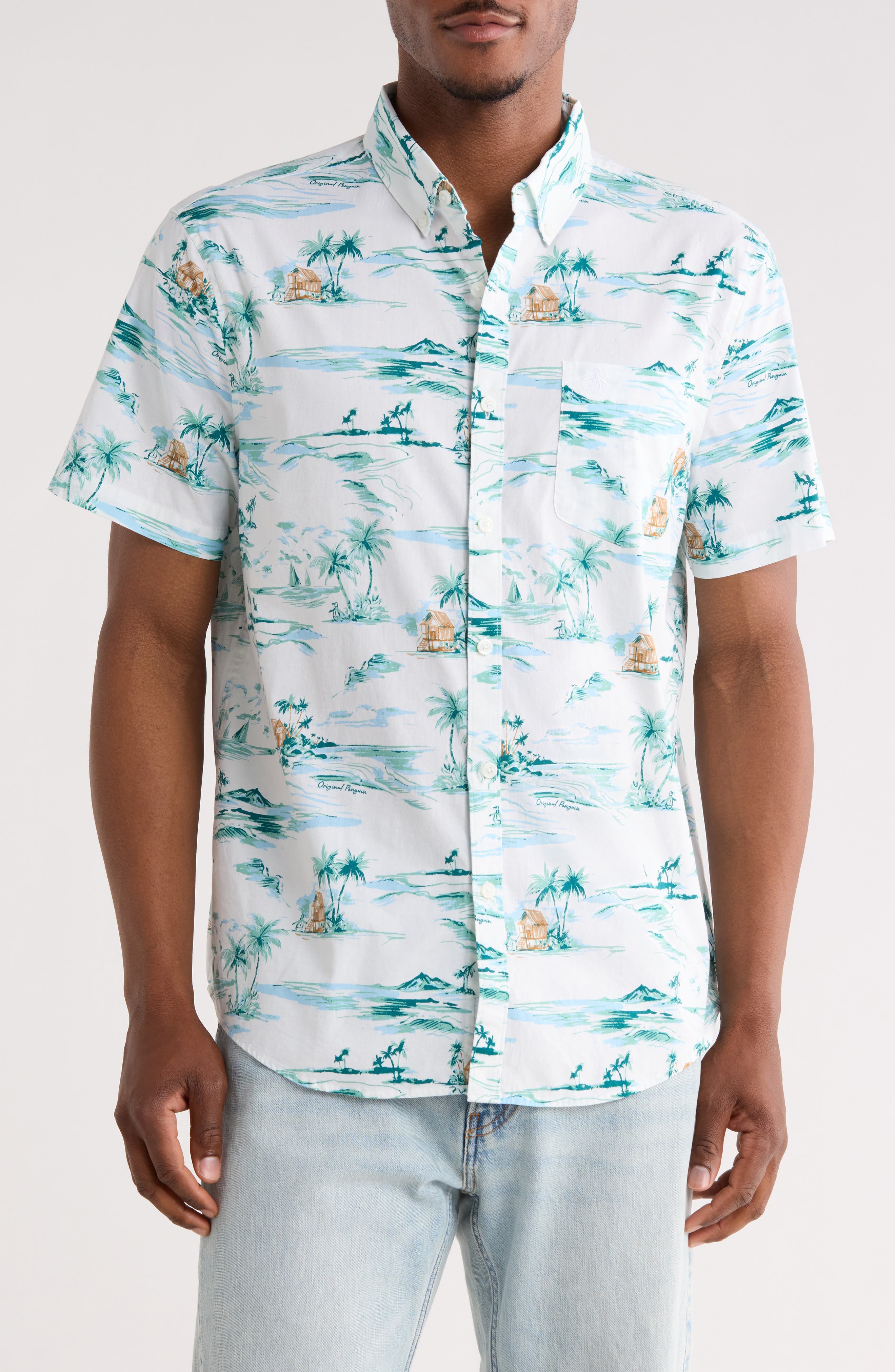 Original Penguin Beach Scene Short Sleeve Button-Down Shirt