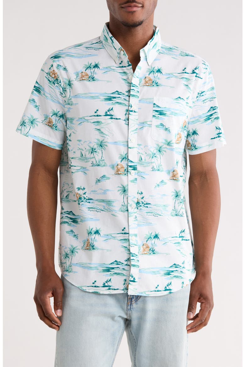 Beach Scene Short Sleeve Button-Down Shirt, Main, color, BRIGHT WHITE