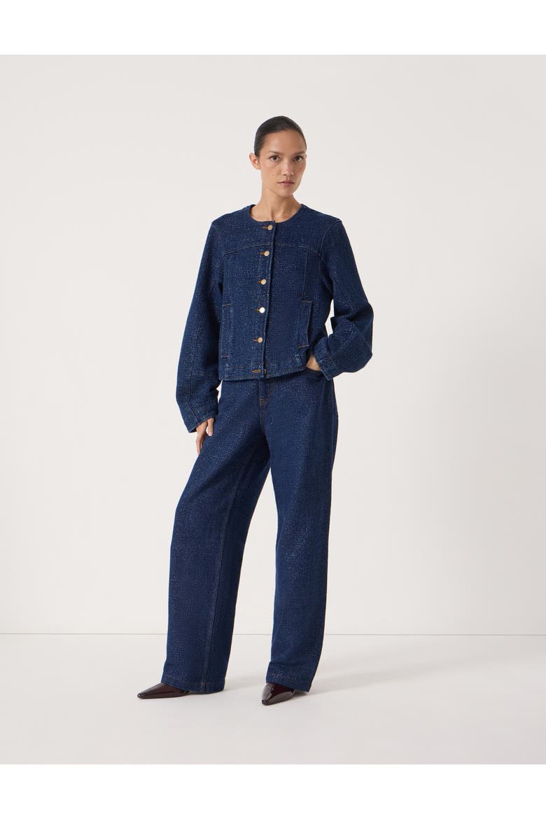 Collarless Lurex Denim Jacket, Alternate, color, Indigo Gold