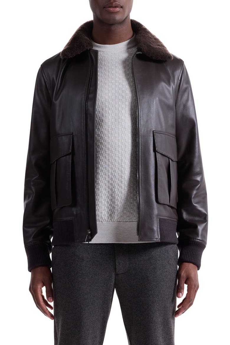Leather Bomber Jacket with Removable Genuine Shearling Collar, Main, color, TRUFFLE