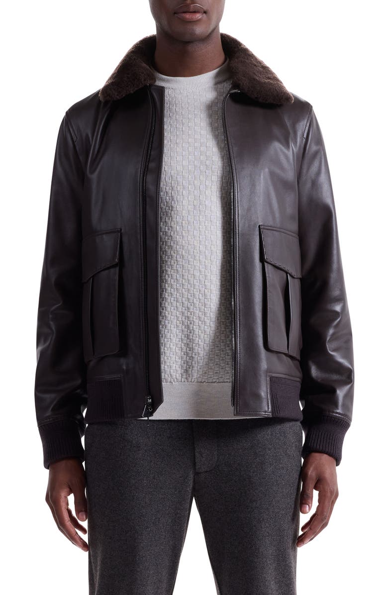 Bugatchi Leather Bomber Jacket with Removable Genuine Shearling Collar, Main, color, Truffle