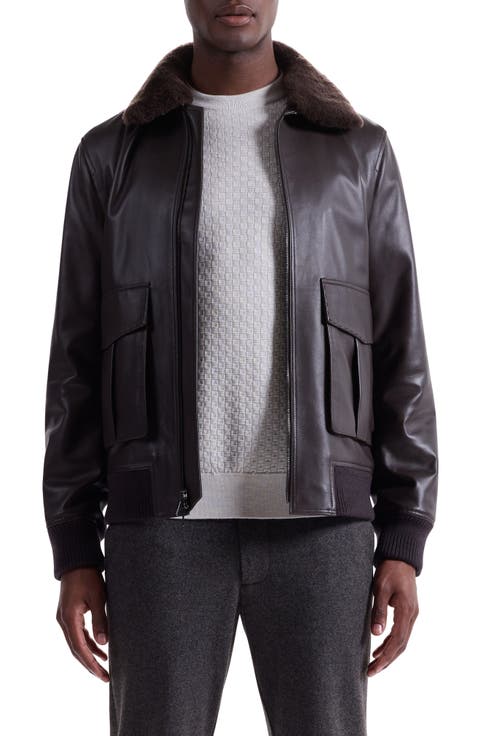 Leather Bomber Jacket with Removable Genuine Shearling Collar