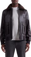 Bugatchi Leather Bomber Jacket with Removable Genuine Shearling Collar