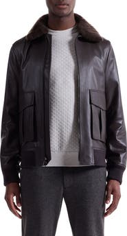 Bugatchi Leather Bomber Jacket with Removable Genuine Shearling Collar