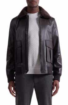 Bugatchi Leather Bomber Jacket with Removable Genuine Shearling Collar