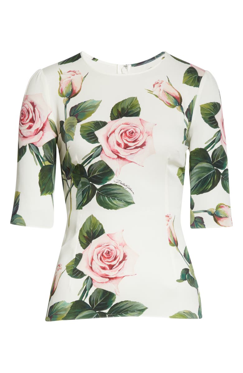 Dolce&Gabbana Rose Print Stretch Silk Charmeuse Top, Alternate, color, 