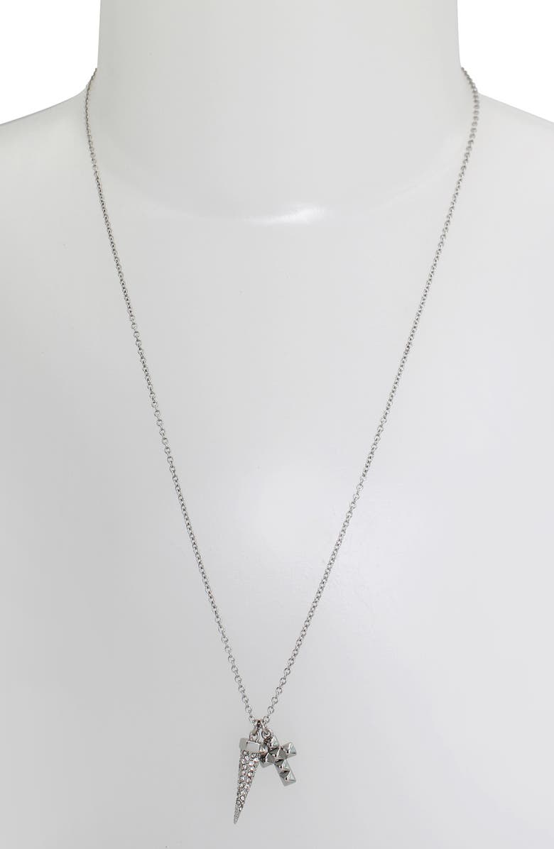 AllSaints Pavé Crystal Bullet & Cross Charm Pendant Necklace, Alternate, color, Rhodium