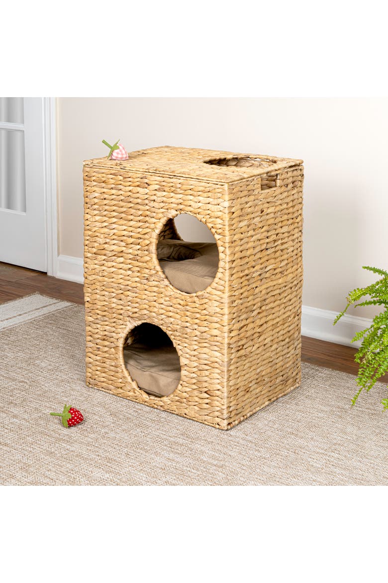 Jaxon 18" 2-Tier Handwoven Hyacinth Rectangular 5-Hole Cat Condo, 2 Machine-Washable Cushions, Alternate, color, Natural